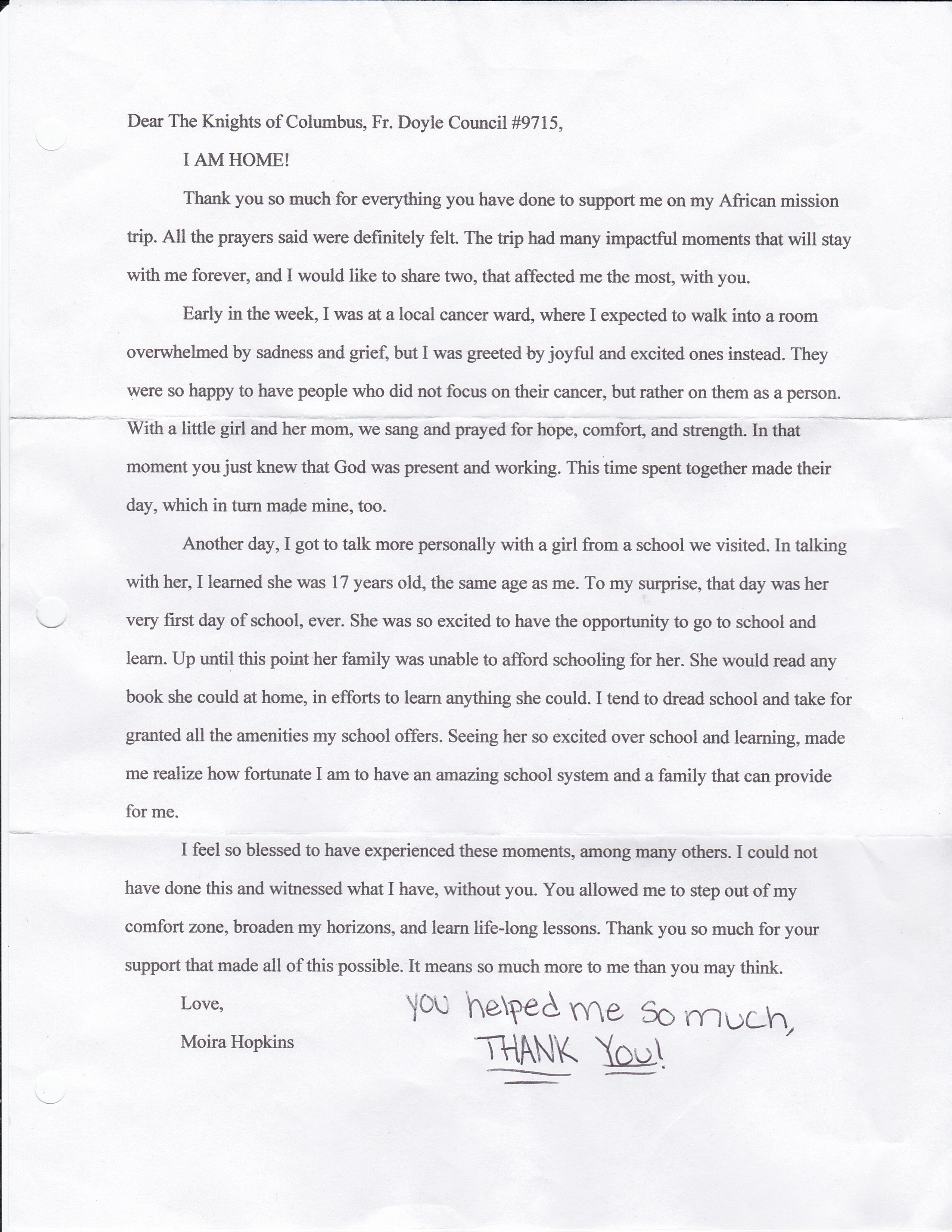 Moira Hopkins Thank You